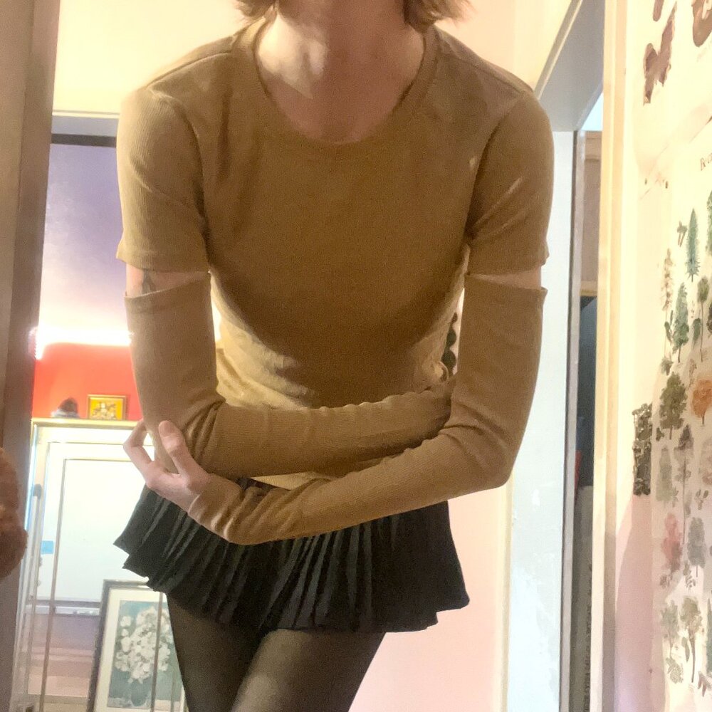 DKNY Jeans Camel Ribbed Long Sleeve Top with Shoulder Cut-Outs - XS